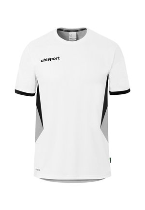 Wit sportshirt met korte mouwen, met zwart Uhlsport-logo op de borst, zwarte afwerking aan de mouwuiteinden en zwarte en grijze accenten op het zijpaneel.