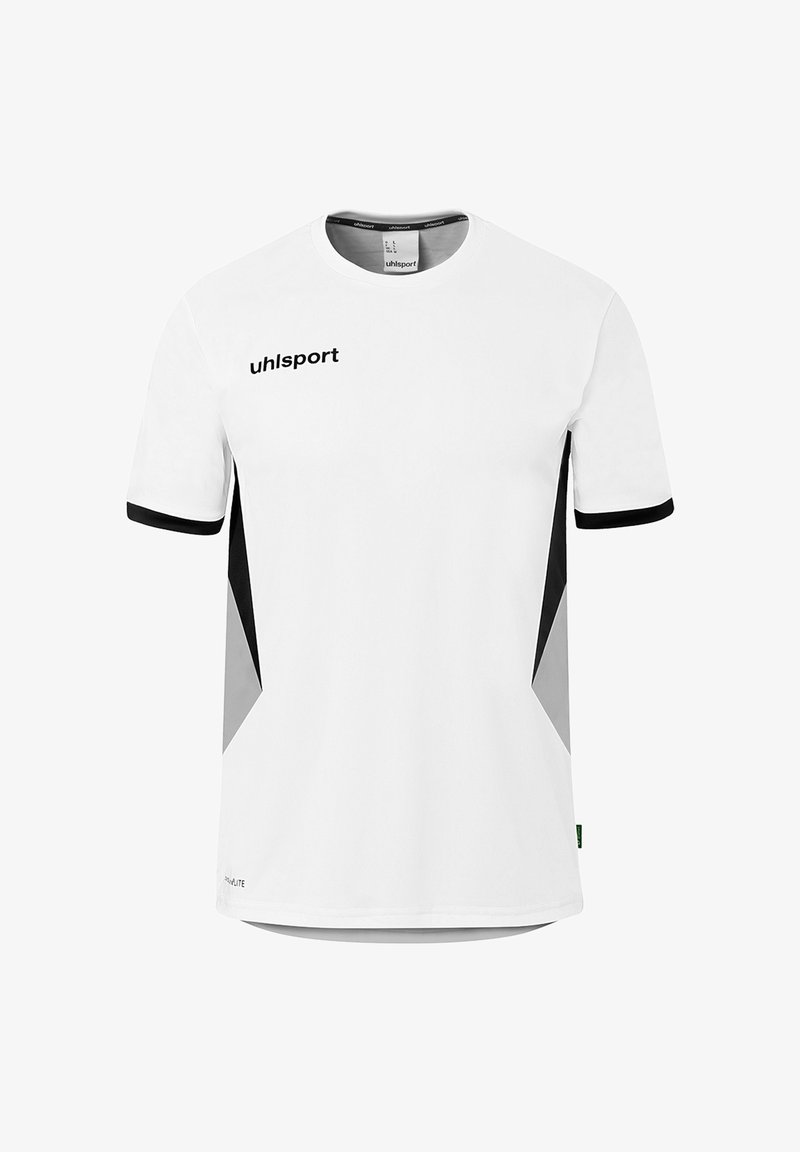 Wit sportshirt met korte mouwen, met zwart Uhlsport-logo op de borst, zwarte afwerking aan de mouwuiteinden en zwarte en grijze accenten op het zijpaneel.