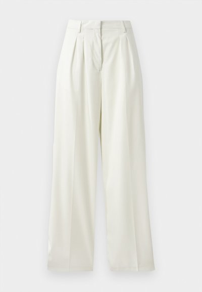 White, high-waisted trousers with wide legs, featuring front pleats, and a smooth, wrinkle-free fabric. Simple design, tailored fit.