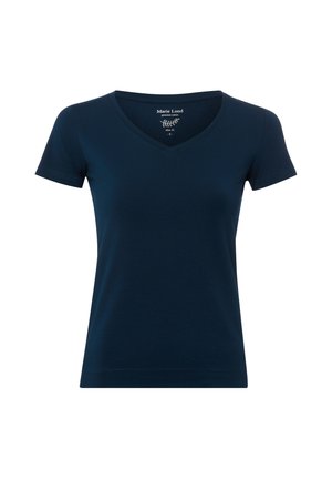 Dunkelblaues Slim-Fit-T-Shirt mit kurzen Ärmeln, V-Ausschnitt und aufgedrucktem Markenlabel innen im Kragen.