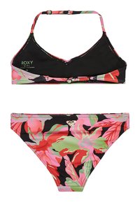 Čierny a kvetinový bikiny set s ružovým, zeleným a červeným kvetinovým vzorom. Materiál je hladký, so nastaviteľnými popruhmi a zlatými kovovými detailmi.