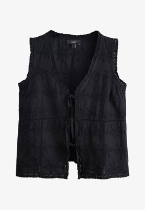 Crni prsluk bez rukava s cvjetnim vezom, nazubljenim rubovima i prednjim vezicama brenda NEXT.