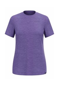 Purple short-sleeve t-shirt made of soft, textured fabric; features a crew neck and subtle logo detailing on chest.