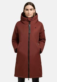 Maroon long coat with a high collar, full zipper, large hood, side pockets, and subtle logo detail, made from smooth, water-resistant material.