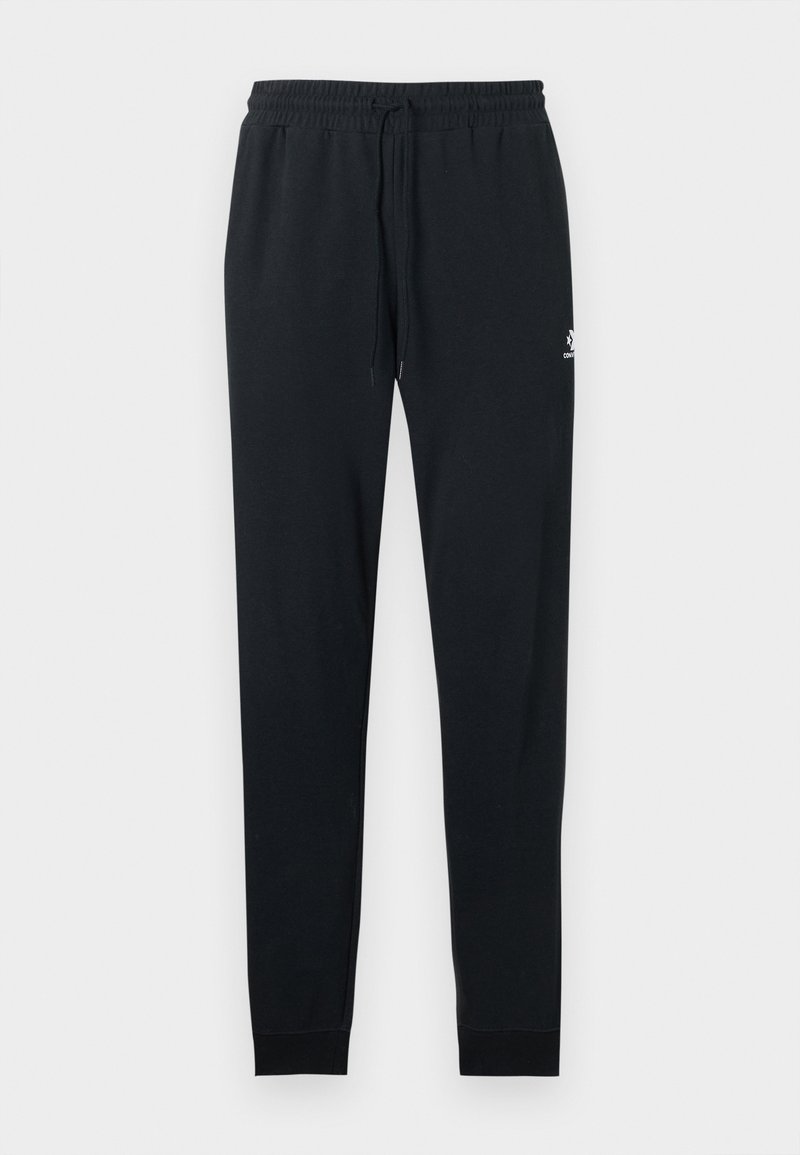 Pantaloni jogger in cotone nero con vita elastica e coulisse. Presentano polsini a costine e un piccolo logo sulla parte inferiore della gamba.