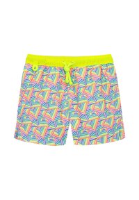 Shorts de bain multicolores présentant un motif géométrique de triangles en rose, jaune, vert et bleu, avec une taille à cordon de serrage jaune fluo.