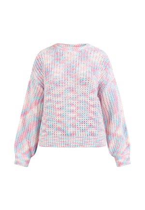 Gebreide trui met een ontspannen pasvorm, pastel kleurenschema in roze en blauw, met een gestructureerd patroon en ribbels aan de mouwen en onderrand.