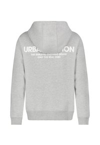 Grijze hoodie met een voorzak en een trekkoordkap. De achterkant heeft witte tekst: "URBAN" en "ALLEEN DE ECHTE." Gemaakt van zacht materiaal.