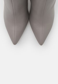 Par de botas de cuero en tono topo con punta afilada, mostradas desde arriba sobre un fondo blanco.