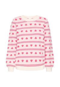 Pull rose avec un motif de cœur, présentant des rayures horizontales en rose foncé. Col rond, manches longues, poignets et ourlet côtelés. Texture douce.