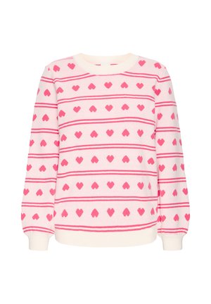 Pull rose avec un motif de cœur, présentant des rayures horizontales en rose foncé. Col rond, manches longues, poignets et ourlet côtelés. Texture douce.