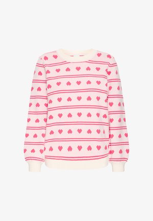 Pull rose avec un motif de cœur, présentant des rayures horizontales en rose foncé. Col rond, manches longues, poignets et ourlet côtelés. Texture douce.