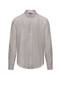 Camicia a righe con bottoni realizzata in cotone, caratterizzata da righe verticali marroni e bianche, colletto classico e maniche lunghe con polsini abbottonati.