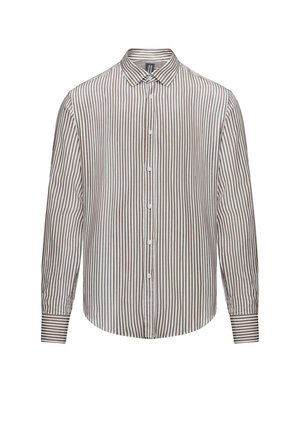 Camicia a righe con bottoni realizzata in cotone, caratterizzata da righe verticali marroni e bianche, colletto classico e maniche lunghe con polsini abbottonati.