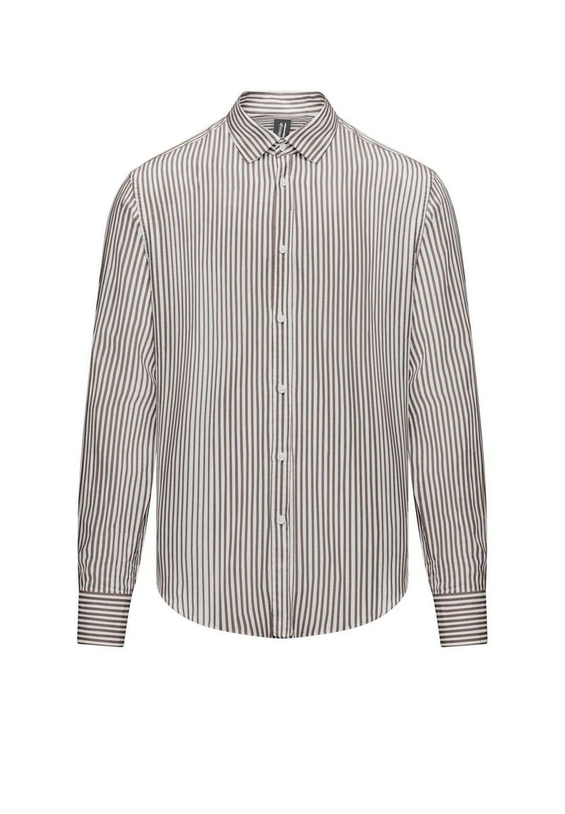 Camicia a righe con bottoni realizzata in cotone, caratterizzata da righe verticali marroni e bianche, colletto classico e maniche lunghe con polsini abbottonati.