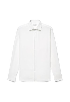 Camicia bianca a maniche lunghe con colletto classico e bottoni frontali, mostrata su uno sfondo bianco uniforme.