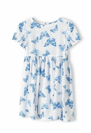 Robe blanche à manches courtes avec imprimé papillon bleu, col rond et taille froncée, adaptée aux enfants.