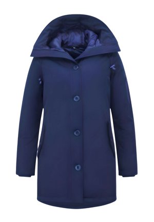 Marineblauwe lange winterjas met grote kraag, knoopsluiting en zijzakken, getoond op een witte achtergrond.
