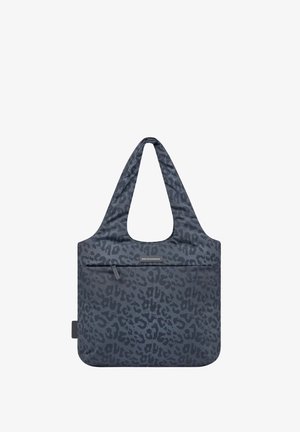 Dark gray bag with black leopard spots, wide shoulder strap, front zipper pocket, and "Made for Experiences" label on front.