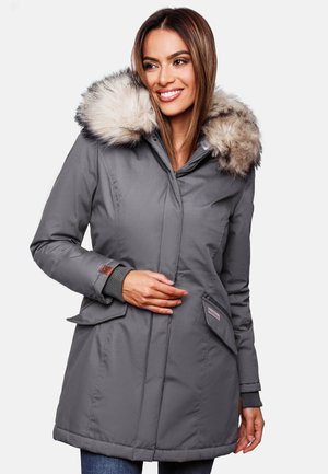 Gray insulated coat with a fur-lined hood, zippered front, side pockets, and ribbed cuffs, featuring a smooth texture and mid-length design.