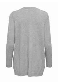 Gilet en tricot gris avec des manches longues, un col rond et des poignets et un ourlet côtelés. Texture douce avec une silhouette droite.