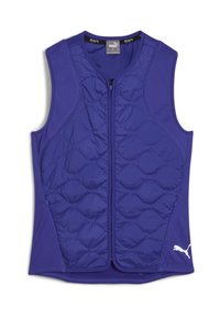 Violetinis liemenė su siuvinėta priekiu, užtrauktuku ir be rankovių dizainu. Apatinėje dešinėje pusėje yra PUMA logotipas baltos spalvos.