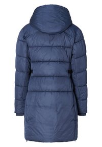 Casaco puffer azul-marinho com capuz, design acolchoado, mangas longas e tiras ajustáveis na cintura. Textura suave com comprimento até a coxa.