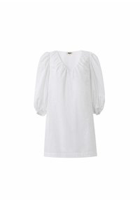 Witte blouse met korte mouwen, een V-hals en puffed sleeves. Gemaakt van lichtgewicht stof, met geplooide details rond de hals.