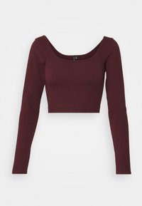 Burgundy pitkähihainen lyhyt toppi ribbikankaasta, jossa on leveä pääntie ja istuva siluetti. Sileä rakenne ilman kuvioita tai koristeita.