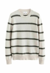 Light gray sweater with dark gray horizontal stripes, ribbed neckline and cuffs, soft texture, and a relaxed fit.
