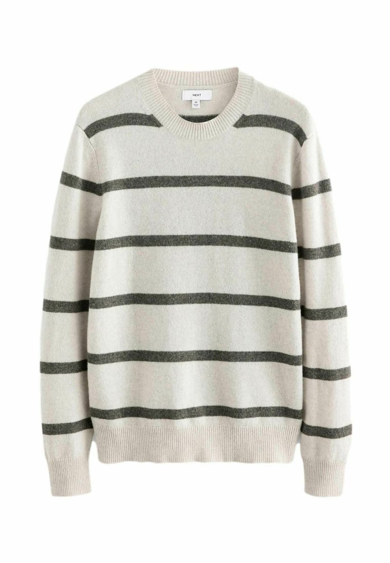 Light gray sweater with dark gray horizontal stripes, ribbed neckline and cuffs, soft texture, and a relaxed fit.