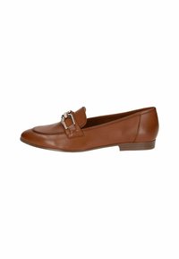 Brown leather loafers with a flat heel, featuring a decorative silver buckle and a smooth, polished finish. Rounded toe design.