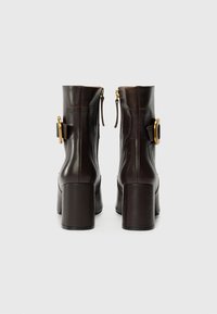 Brown leather ankle boots feature a chunky heel, side zippers, and a decorative buckle accent on the back, showcasing smooth texture.