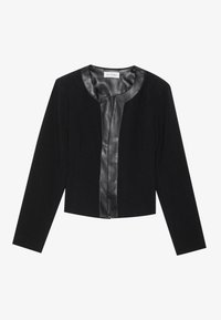 Black cropped jacket made from soft fabric with a satin-like lapel, long sleeves, and a front closure.