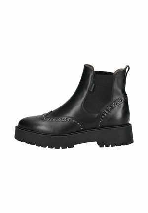 Black leather ankle boots with elastic side panels, round toe, decorative stitching, and studded accents on the upper. Thick, rugged sole.