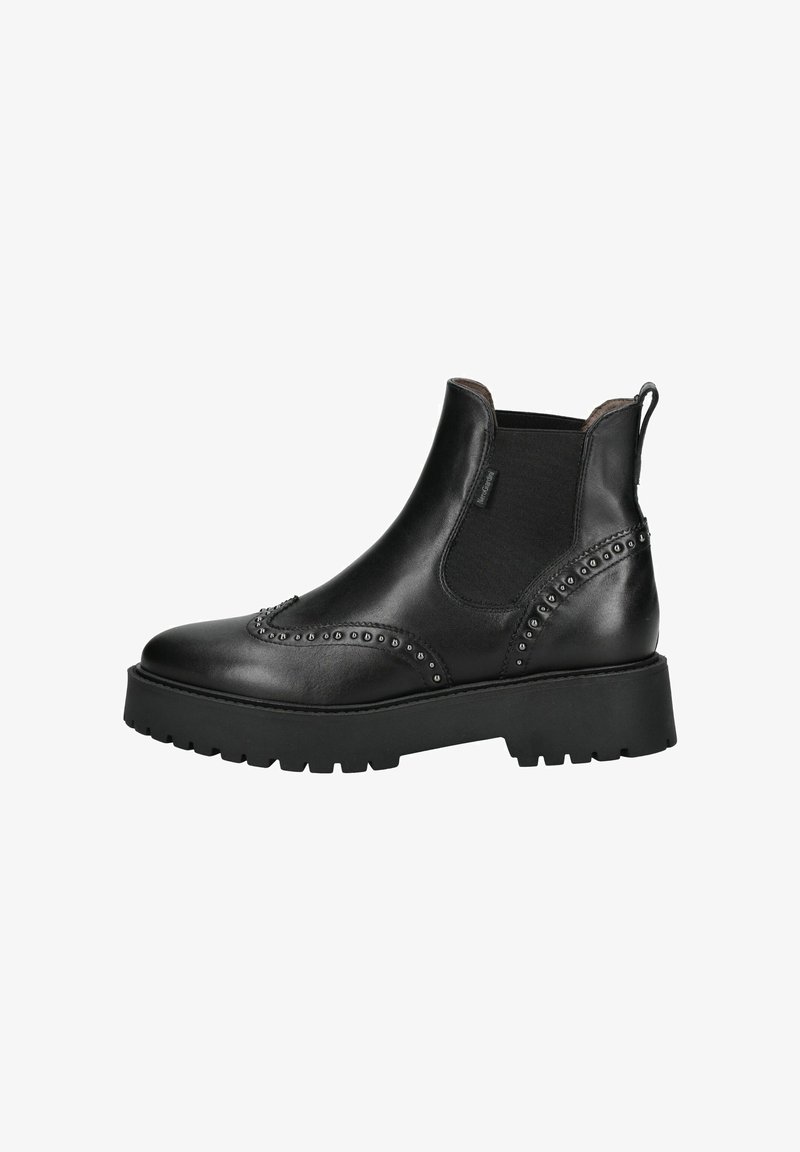Black leather ankle boots with elastic side panels, round toe, decorative stitching, and studded accents on the upper. Thick, rugged sole.