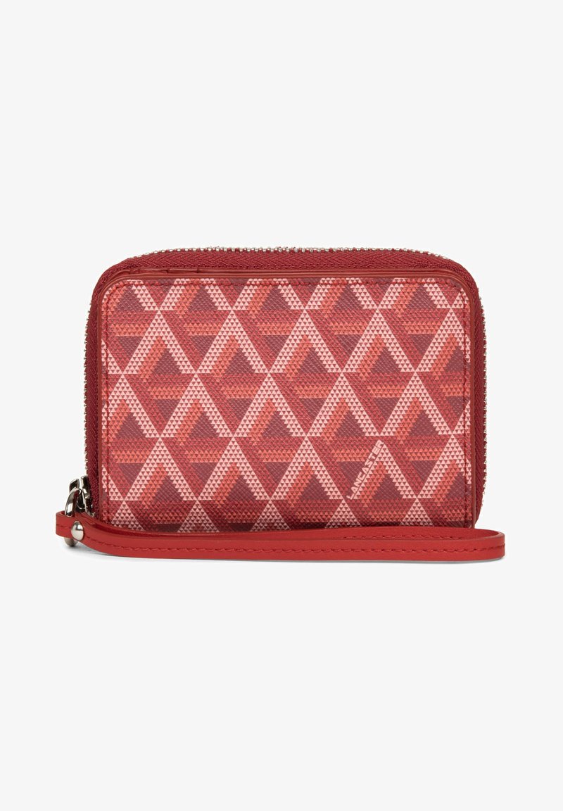 Portefeuille zippé rouge avec un motif géométrique triangulaire de différentes nuances de rouge, présentant une surface texturée et une sangle amovible pour le poignet.