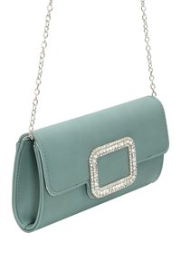 Teal imiteret læder clutch med en rektangulær rhinestone-udsmykket spænde, sølv kædestaft, og glat tekstur. Kompakt og rektangulær form.
