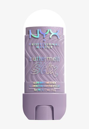 Purple cylindrical stick with a textured wavy design. Label features iridescent text reading "buttermelt Stix" and product details.