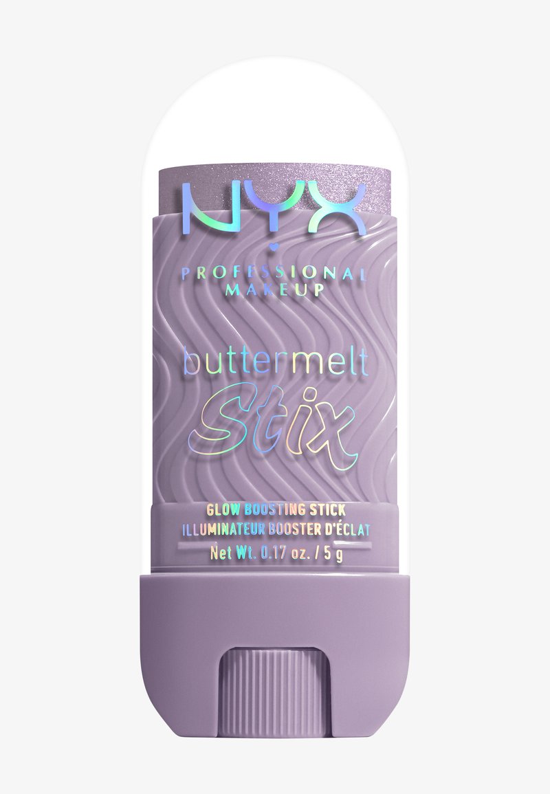 Bâton cylindrique violet avec un motif texturé ondulé. L'étiquette comporte un texte irisé indiquant "buttermelt Stix" ainsi que des détails sur le produit.