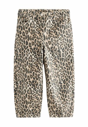 Pantalon court avec imprimé léopard beige, noir et marron, doté d'un bouton à l'avant, de passants pour ceinture et de poches avant.