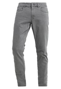 Pantaloni in denim grigio a vestibilità slim, con cinque tasche, cuciture sottili e chiusura frontale con bottone. Texture liscia e design classico.