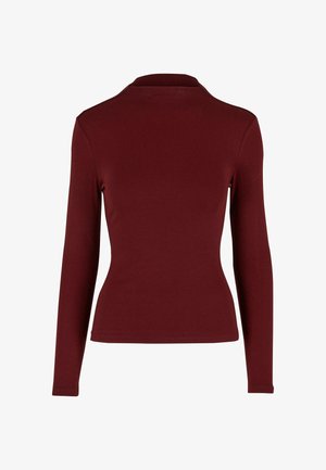 Top ajustado de manga larga en burdeos, hecho de una tela suave y elástica. Presenta un cuello vuelto y un dobladillo limpio sin adornos.