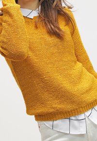 Maglione lavorato a maglia di colore giallo senape con maniche lunghe e scollo rotondo, indossato sopra una camicia bianca con colletto e righe nere.