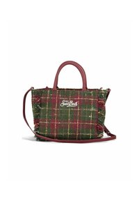 Sac fourre-tout en tissu tissé aux motifs de carreaux verts, bordeaux et dorés, avec des bords à franges et des poignées courtes, et une bandoulière amovible.