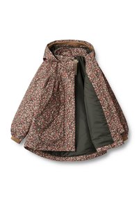 Giacca con stampa floreale, caratterizzata da un motivo rosa e verde, con polsini elasticizzati, interno foderato e chiusura frontale nascosta.