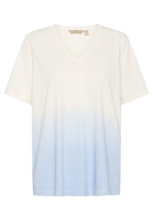 Vit bomullströja med V-hals, maskinbearbetade kanter och en blå ombre-effekt som övergår från vitt till ljusblått i botten.