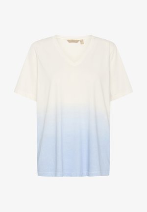 Vit bomullströja med V-hals, maskinbearbetade kanter och en blå ombre-effekt som övergår från vitt till ljusblått i botten.