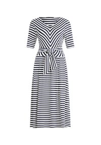 Gestreiftes Kleid mit V-Ausschnitt, kurzen Ärmeln und einem taillierten Gürtel. Der Stoff ist glatt und zeigt abwechselnd marineblaue und weiße horizontale Streifen.