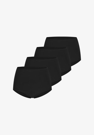 Ensemble de sous-vêtements en coton noir comprenant quatre paires avec une conception taille haute et une ceinture élastique lisse. Construction simple et sans couture.